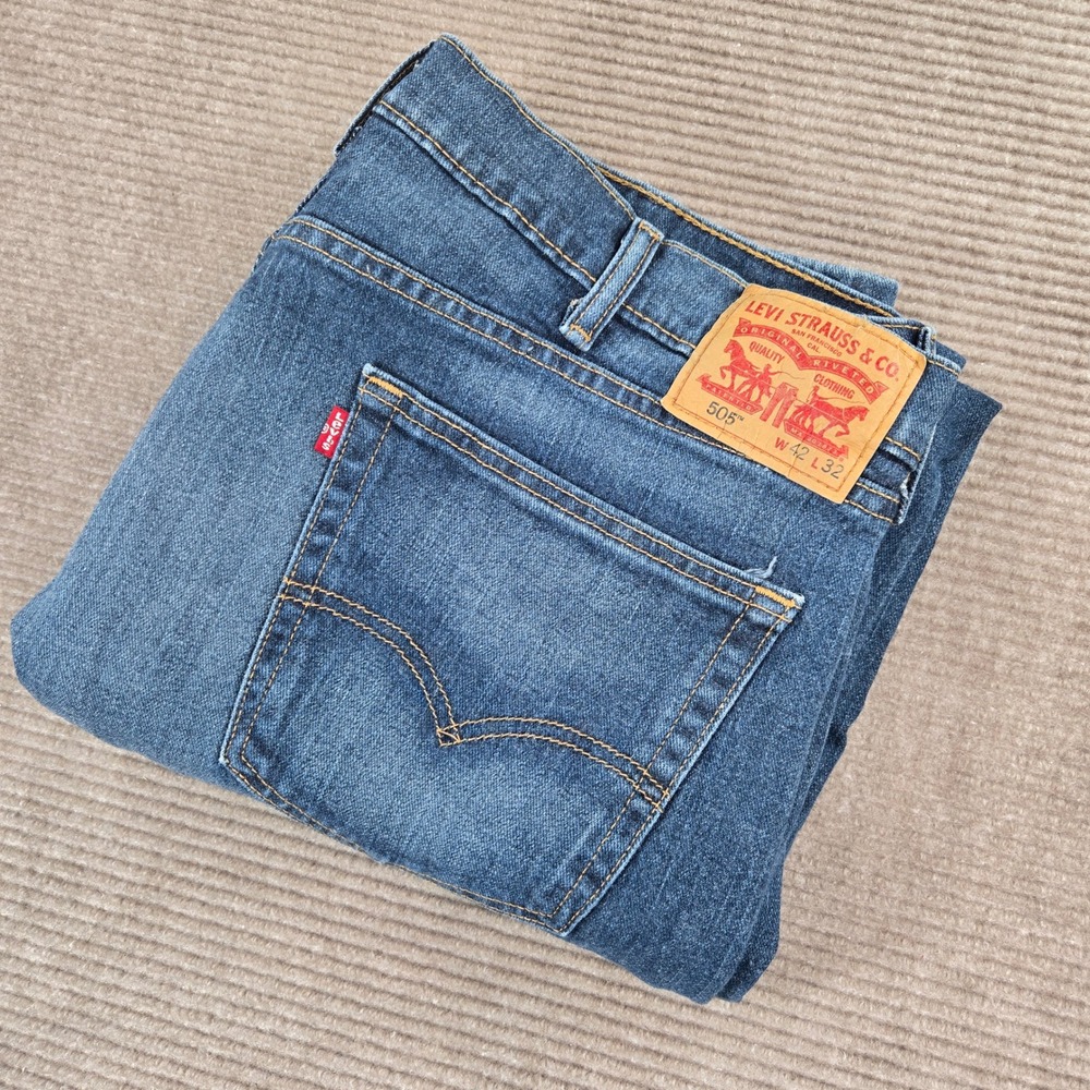 Levis Mens 42x32 Blue 505 Regular Fit Stretch Straight Leg Jeans